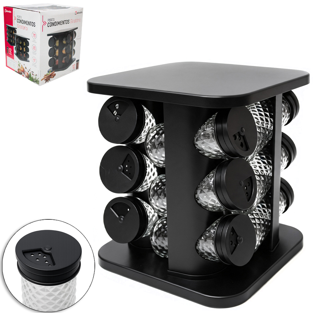PORTA CONDIMENTO DE VIDRO / PLASTICO 12 PECAS 85ML + ADESIVO / ETIQUETA LOUSA E SUPORTE GIRATORIO QUADRADO  BLACK