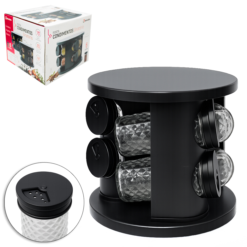 PORTA CONDIMENTO DE VIDRO / PLASTICO COM 6 PECAS 85ML + ADESIVO / ETIQUETA LOUSA E SUPORTE GIRATORIO REDONDO BLACK