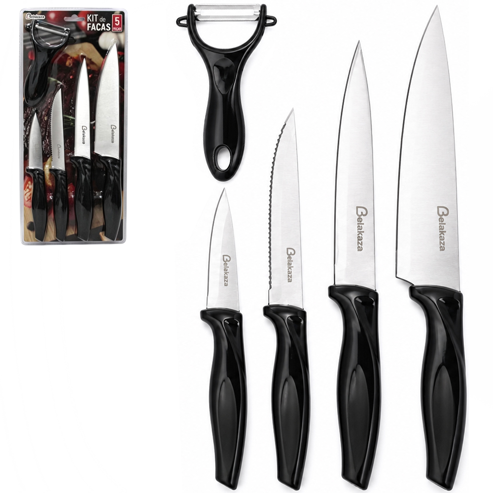 CONJUNTO DE FACA DE COZINHA COM CORTADOR / DESCASCADOR DE INOX CABO PLASTICO 5 PECAS