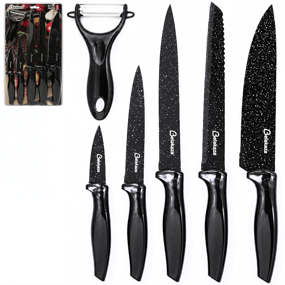 CONJUNTO DE FACA DE COZINHA COM CORTADOR / DESCASCADOR DE INOX CABO PLASTICO 6 PECAS 