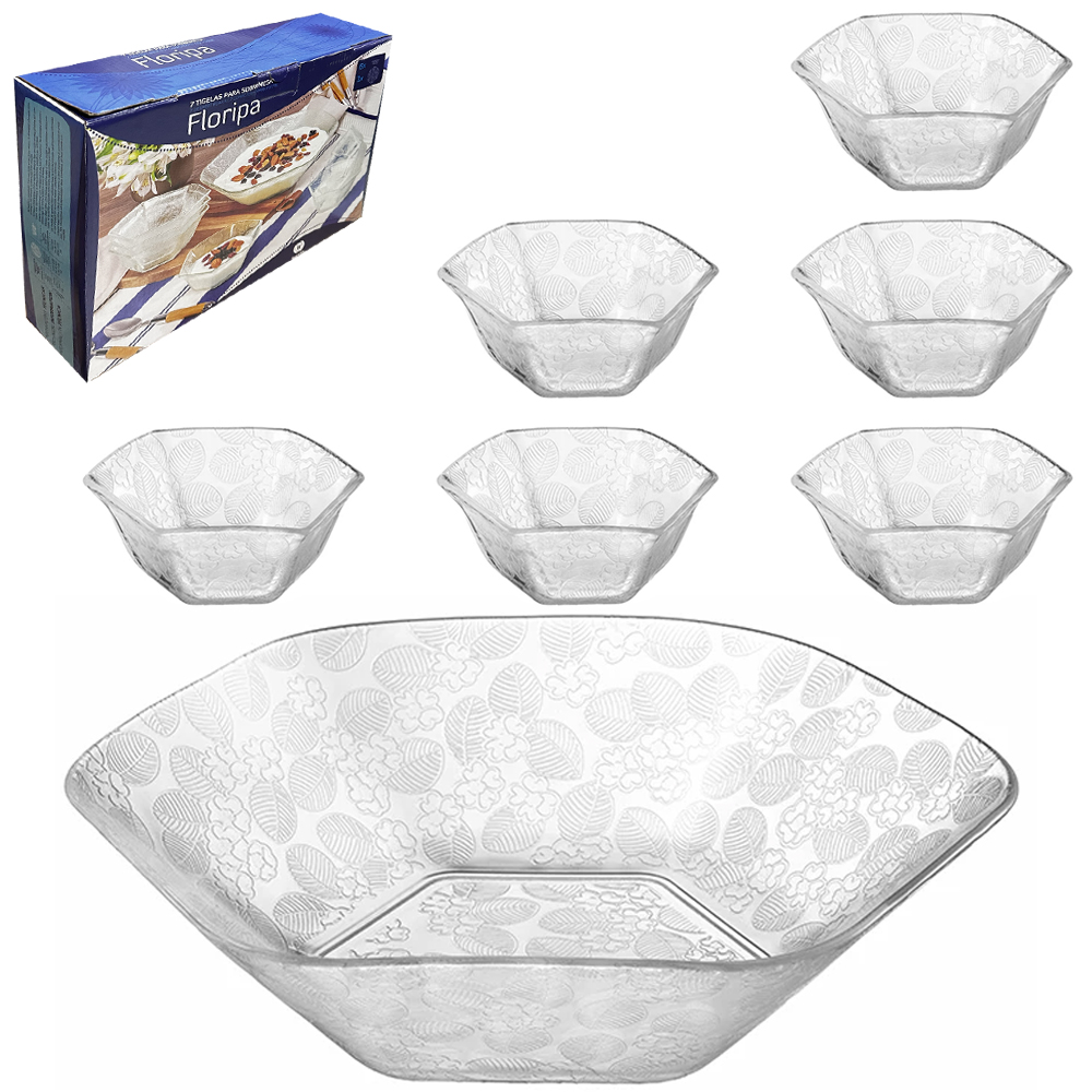 JOGO DE TIGELA DE VIDRO PARA SOBREMESA FLORIPA COM 7 PECAS 1437/243ML