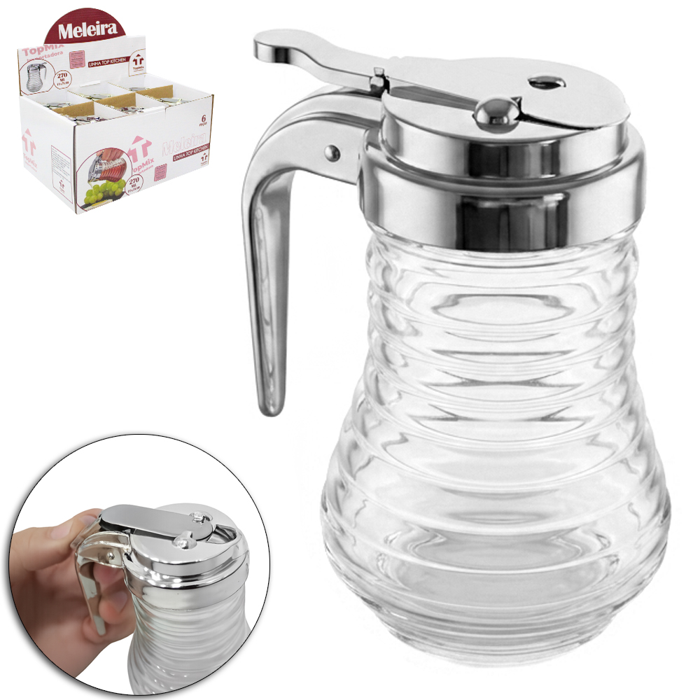 PORTA MEL / MELEIRA DE VIDRO COM TAMPA E ALCA DE PLASTICO METALIZADO PRATA TOP KITCHEN 270ML DP PLAY 