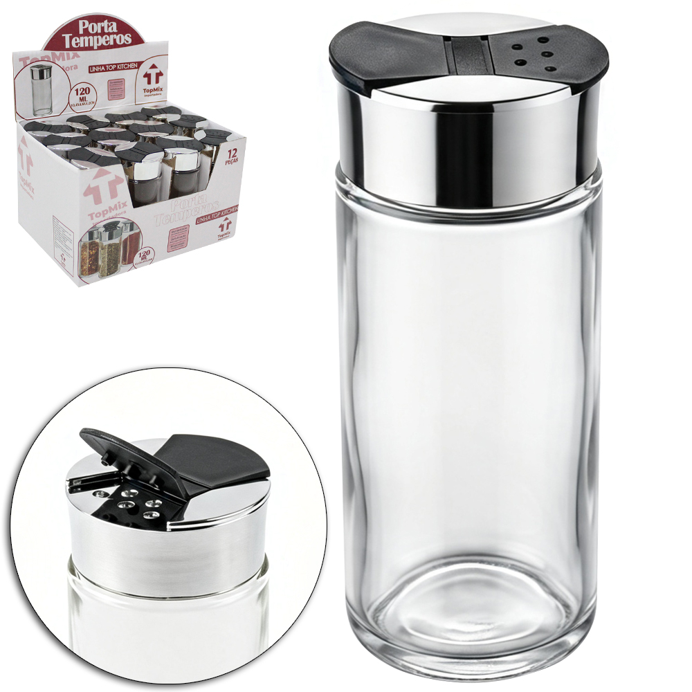 PORTA CONDIMENTO / QUEIJEIRA DE VIDRO COM TAMPA DE PLASTICO METALIZADO PRATA TOP KITCHEN 120ML DP PLAY 