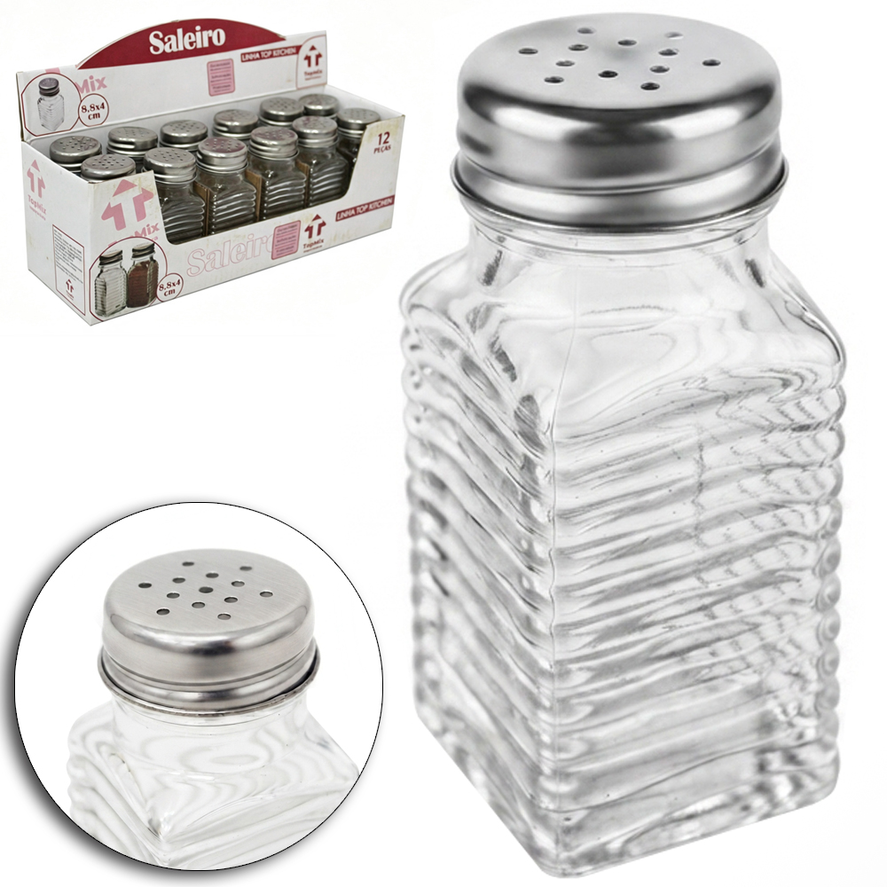 SALEIRO / PIMENTEIRO DE MESA DE VIDRO QUADRADO COM TAMPA DE INOX TOP KITCHEN 50ML DP PLAY 