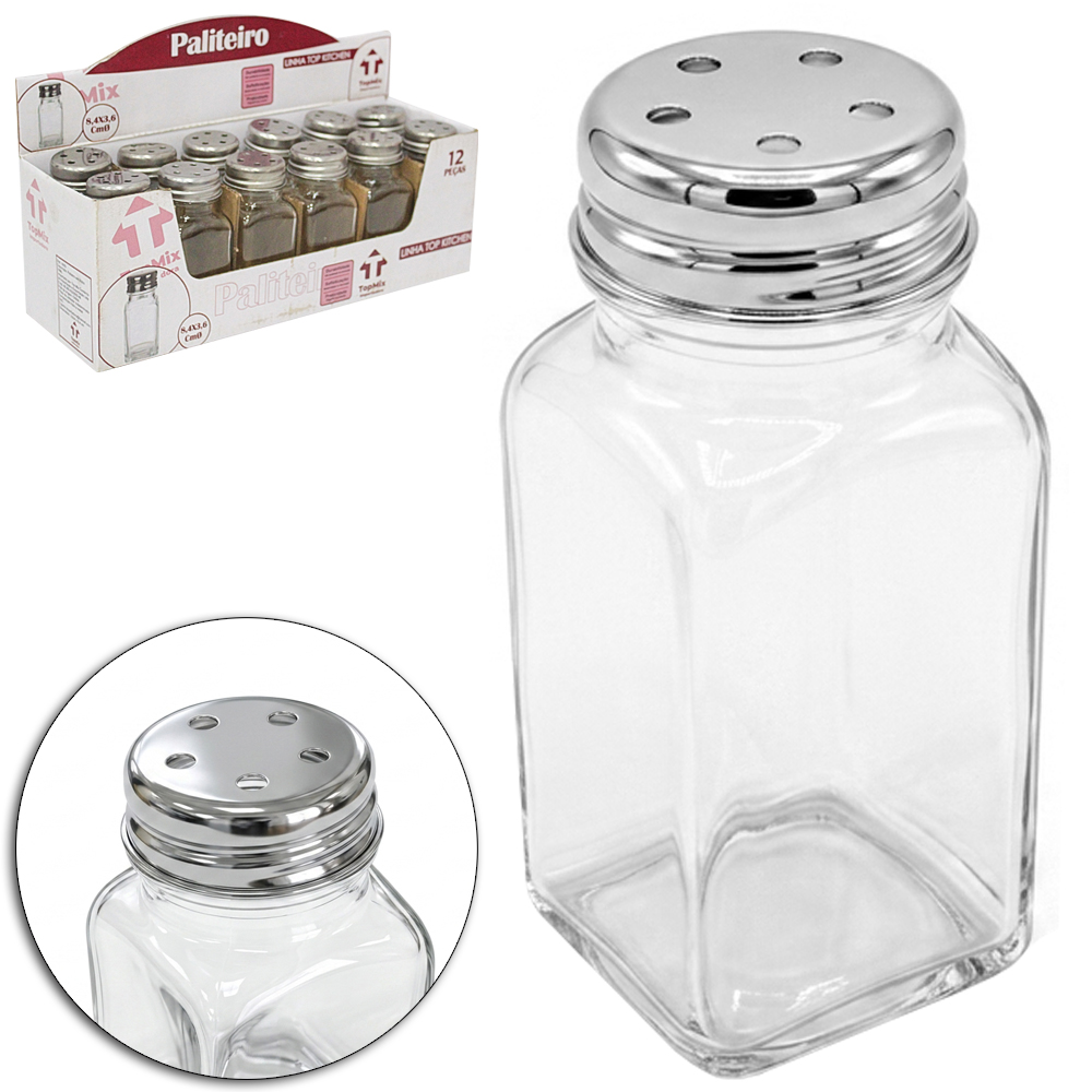SALEIRO / PALITEIRO / PIMENTEIRO DE MESA DE VIDRO QUADRADO COM TAMPA DE INOX TOP KITCHEN 50ML DP PLAY