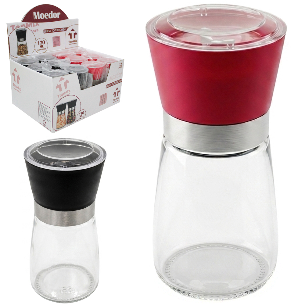 PORTA TEMPERO / MOEDOR DE VIDRO COM TAMPA DE PLASTICO TOP KITCHEN 170ML 13,5X6,4CM DE Ø DP PLAY 