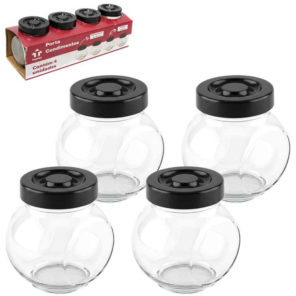 PORTA CONDIMENTO DE VIDRO BALEIRO COM TAMPA DE PLASTICO PRETA COM 4 PECAS 180ML 