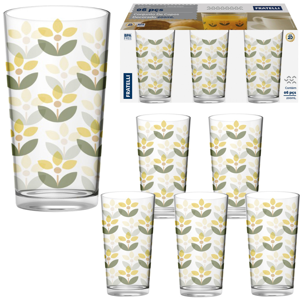 JOGO DE COPO DE VIDRO DECORADO COM 6 PECAS 200ML