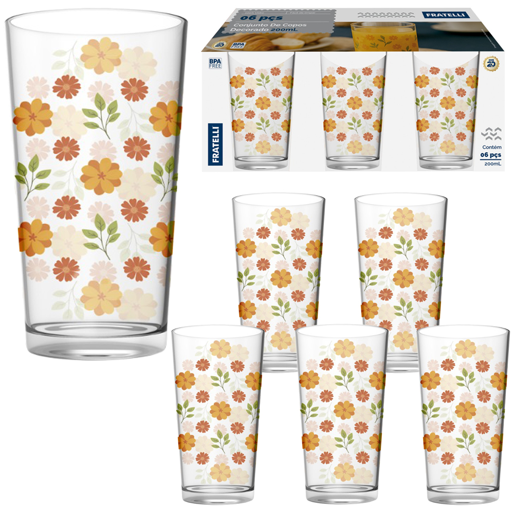 JOGO DE COPO DE VIDRO DECORADO COM 6 PECAS 200ML