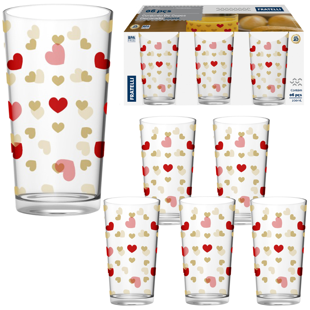 JOGO DE COPO DE VIDRO DECORADO COM 6 PECAS 200ML