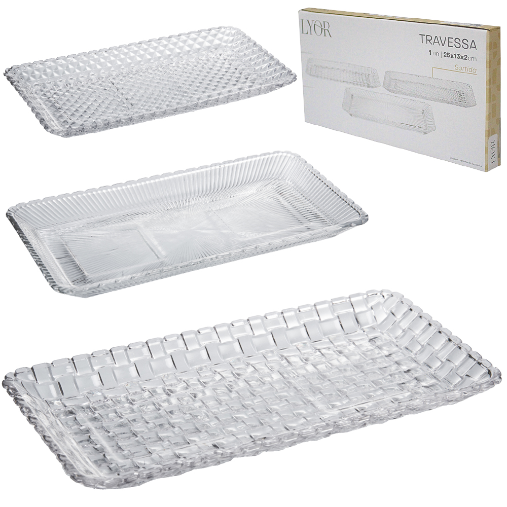 TRAVESSA DE VIDRO CRISTAL RETANGULAR SORTIDA 25X13X2CM