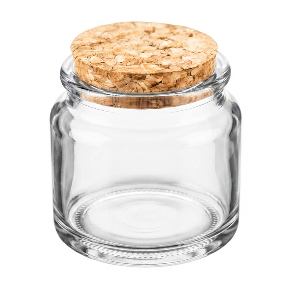 FRASCO / POTE DE VIDRO REDONDO COM TAMPA CORTICA 100ML 