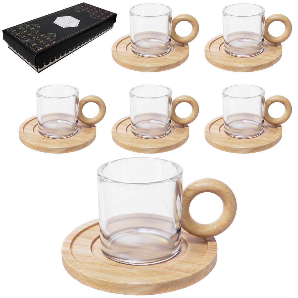 JOGO DE CANECA XICARA VIDRO BOROSSILICATO COM ALCA E ( PORTA COPO ) SUPORTE BAMBU PARA CAFE / CAPPUCCINO 12 PECAS