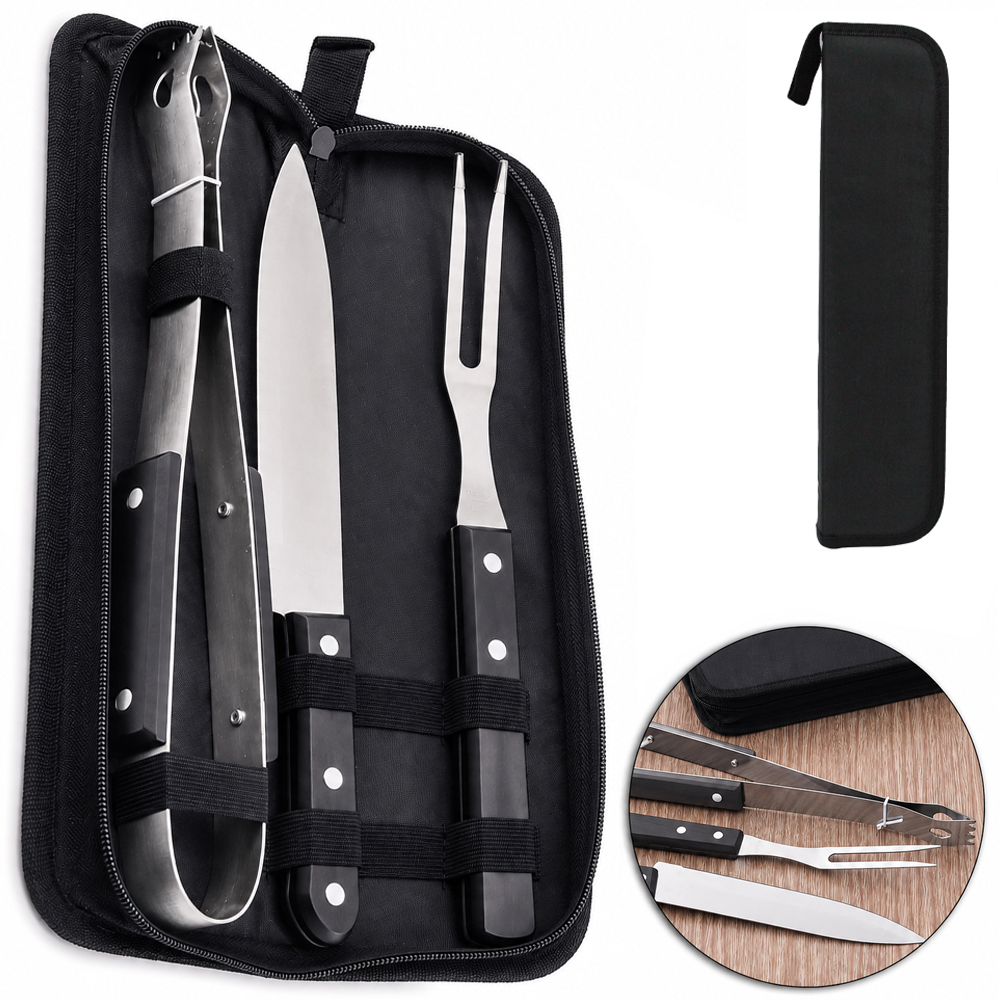 CONJUNTO DE FACA DE CHURRASCO DE INOX 8''+ GARFO TRINCHANTE 6'' E PEGADOR CABO PLASTICO PRETO NO ESTOJO