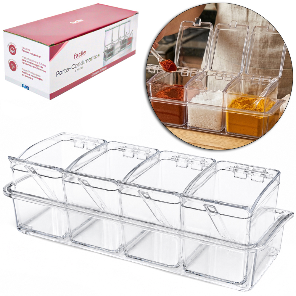 PORTA CONDIMENTO DE ACRILICO COM 4 PECAS 200ML COM COLHER + TAMPA E SUPORTE FACILE 23,7X9,5X7,5CM