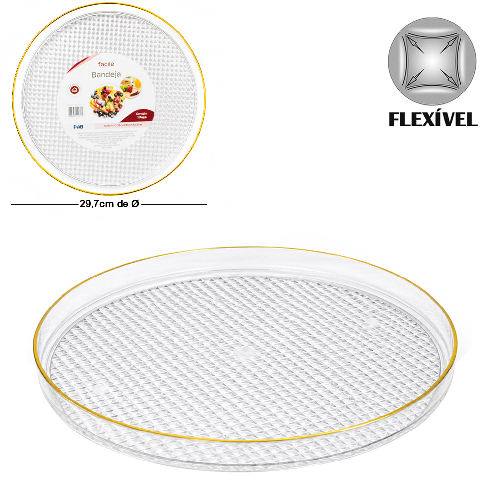 BANDEJA DE PLASTICO PET FLEXIVEL REDONDA COM BORDA DOURADA FACILE 2,5X29,7CM DE Ø