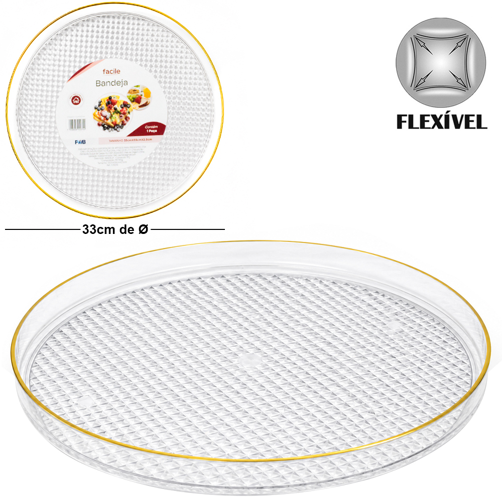 BANDEJA DE PLASTICO PET FLEXIVEL REDONDA COM BORDA DOURADA FACILE 2,5X33CM DE Ø