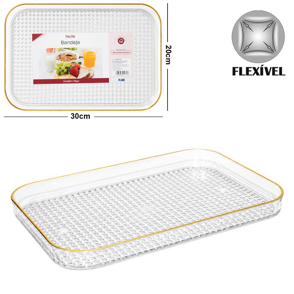 BANDEJA DE PLASTICO PET FLEXIVEL RETANGULAR COM BORDA DOURADA FACILE 30X20X2,5CM