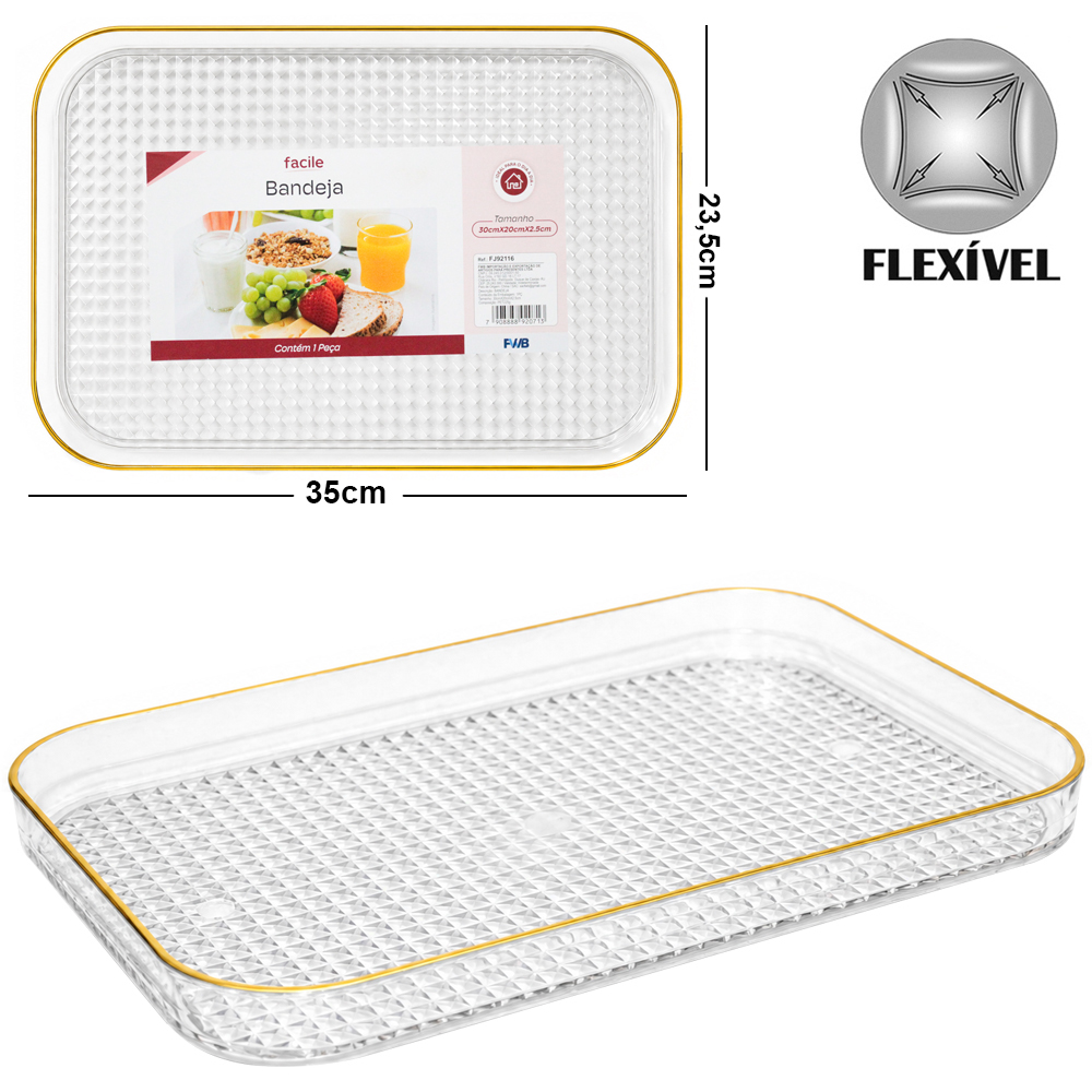 BANDEJA DE PLASTICO PET FLEXIVEL RETANGULAR COM BORDA DOURADA FACILE 35X23,5X2,5CM