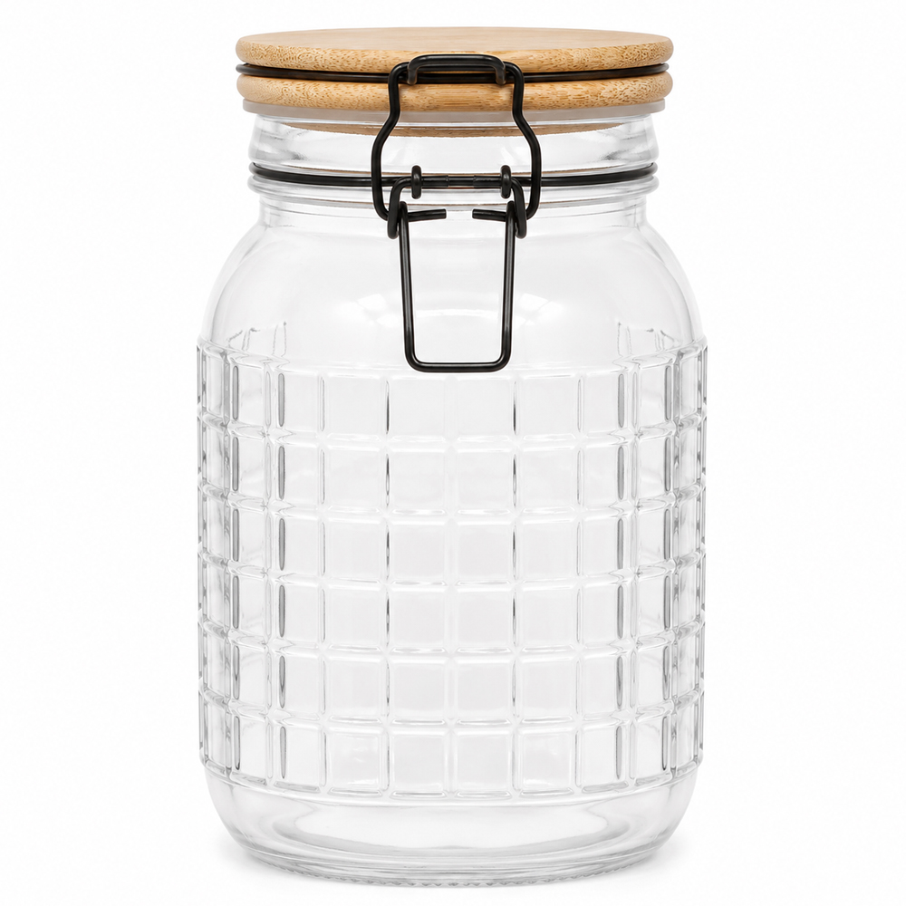 POTE DE VIDRO QUADRADO COM TAMPA HERMETICA DE MADEIRA / BAMBU E FECHO 1,6L