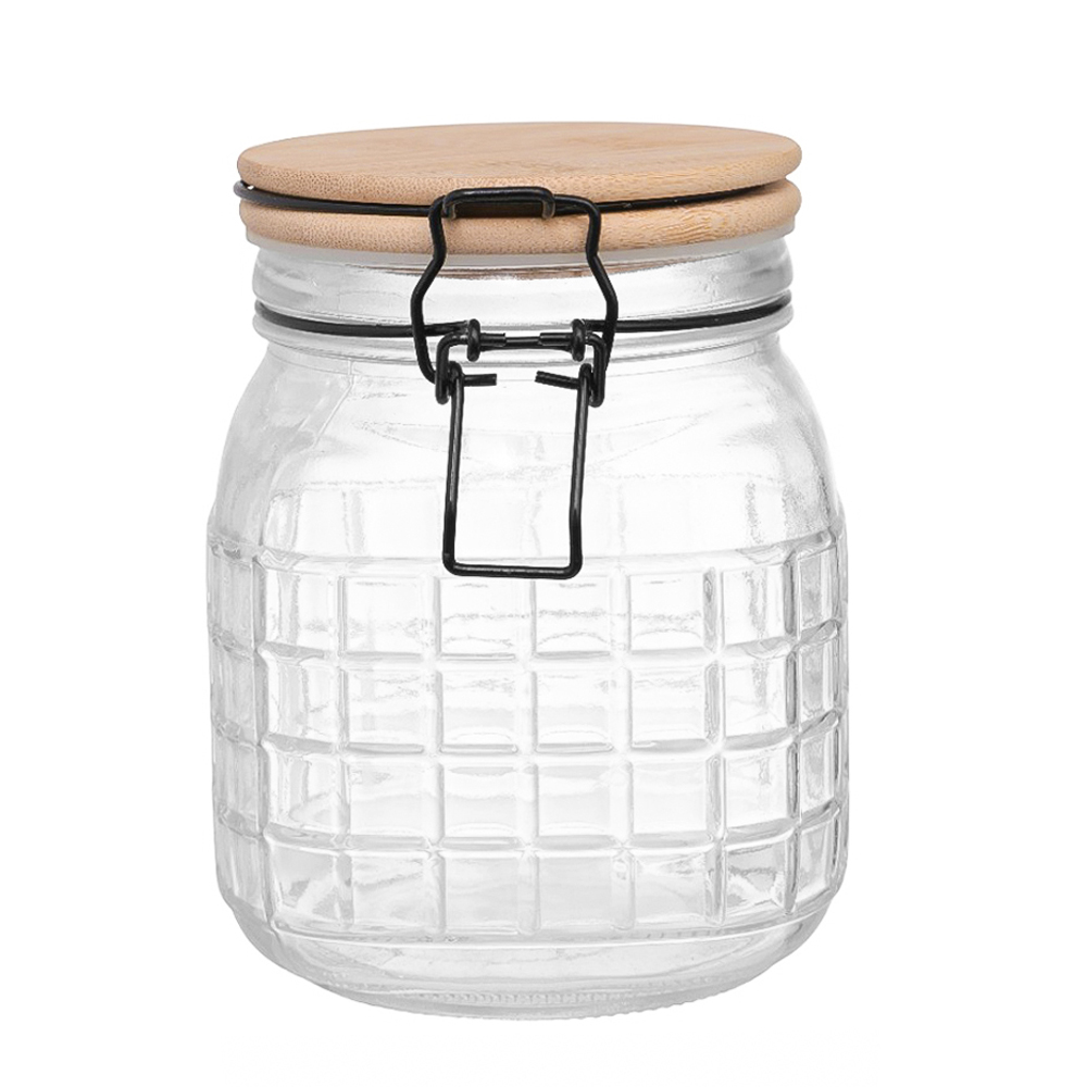 POTE DE VIDRO QUADRADO COM TAMPA HERMETICA DE MADEIRA / BAMBU E FECHO 1,2L