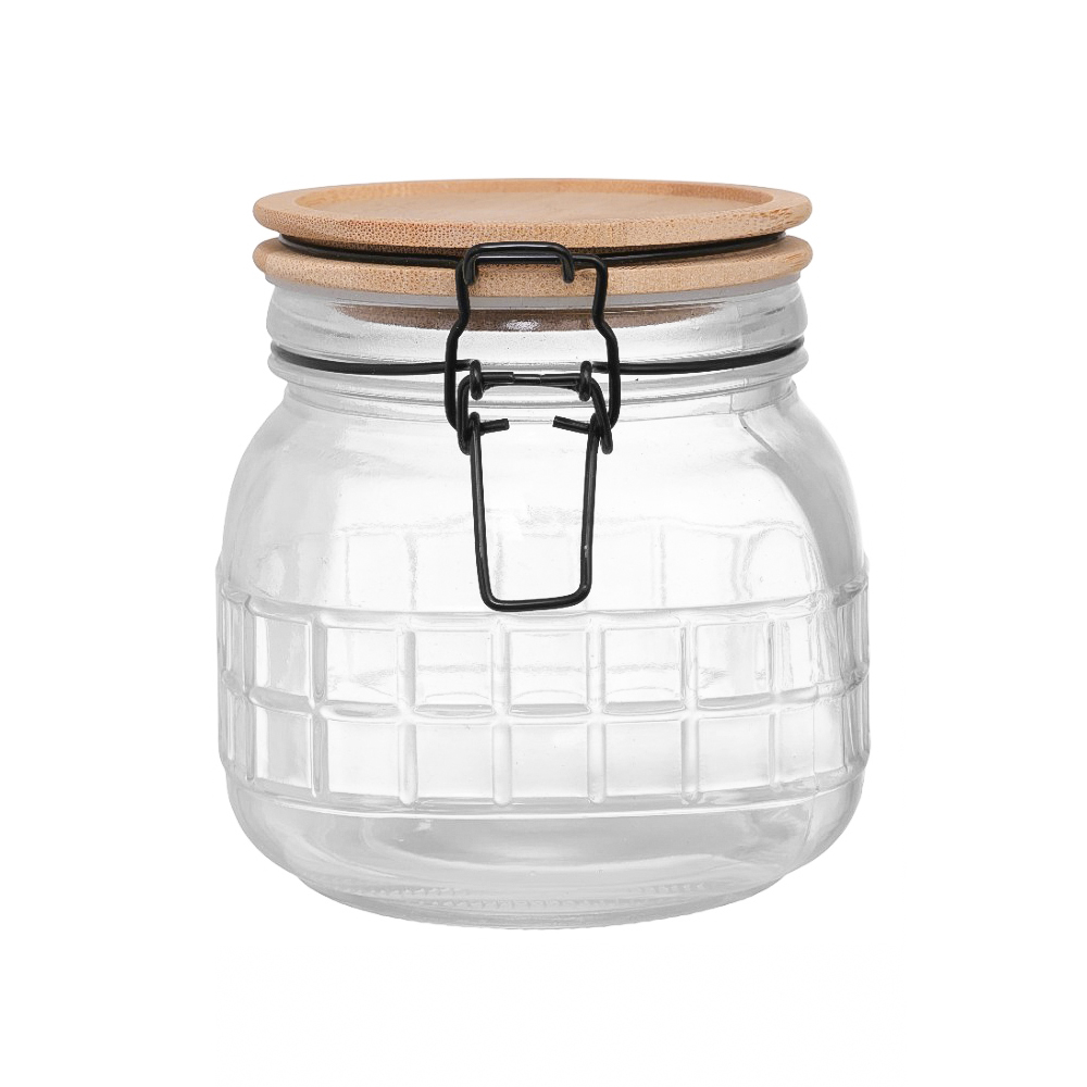 POTE DE VIDRO QUADRADO COM TAMPA HERMETICA DE MADEIRA / BAMBU E FECHO 800ML