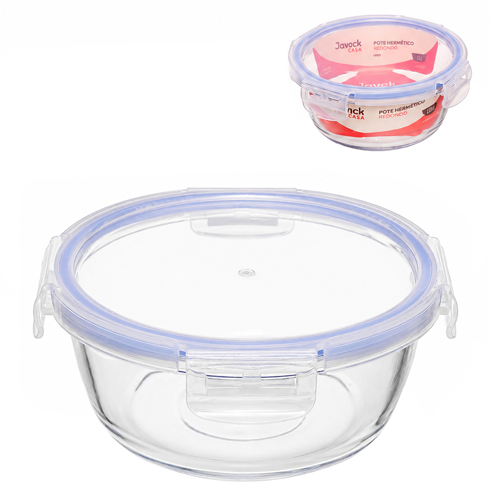 POTE DE VIDRO BOROSSILICATO REDONDO COM TAMPA HERMETICA E TRAVA 580ML