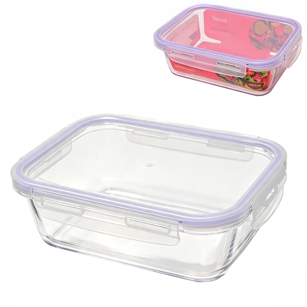 POTE DE VIDRO BOROSSILICATO RETANGULAR COM TAMPA HERMETICA E TRAVA 640ML