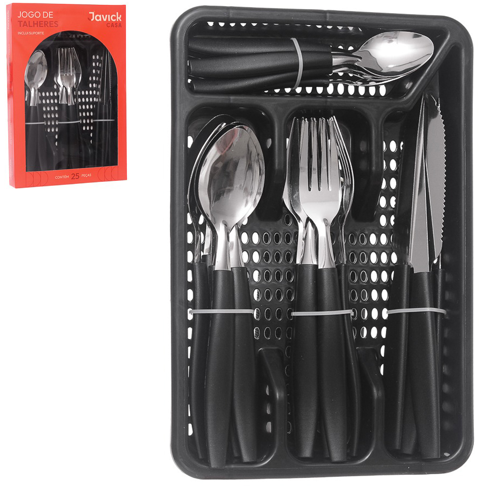 CONJUNTO DE TALHERES / FAQUEIRO DE INOX COM 24 PECAS CABO PLASTICO + PORTA TALHER PRETO