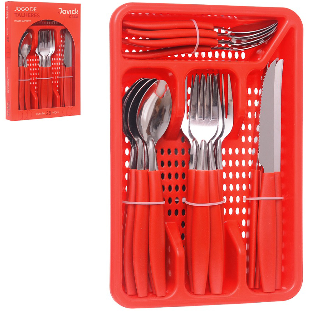 CONJUNTO DE TALHERES / FAQUEIRO DE INOX COM 24 PECAS CABO PLASTICO + PORTA TALHER VERMELHO