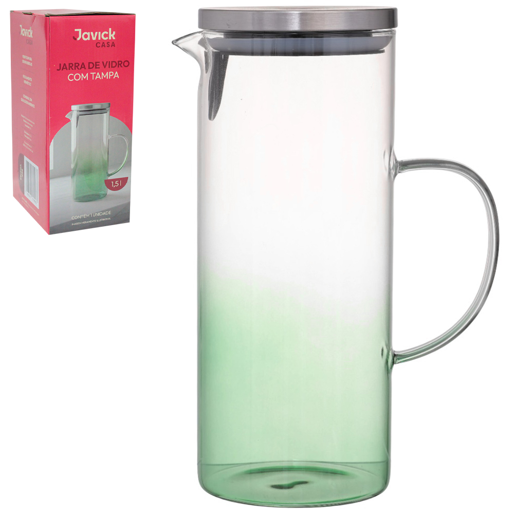 JARRA DE VIDRO BOROSSILICATO DEGRADE VERDE COM TAMPA DE INOX 1,5L
