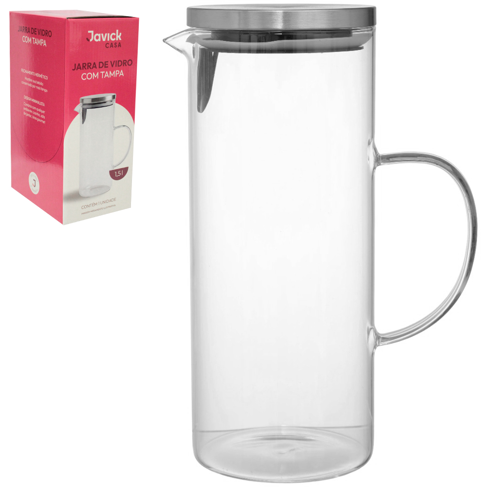 JARRA DE VIDRO BOROSSILICATO TRANSPARENTE COM TAMPA DE INOX 1,5L