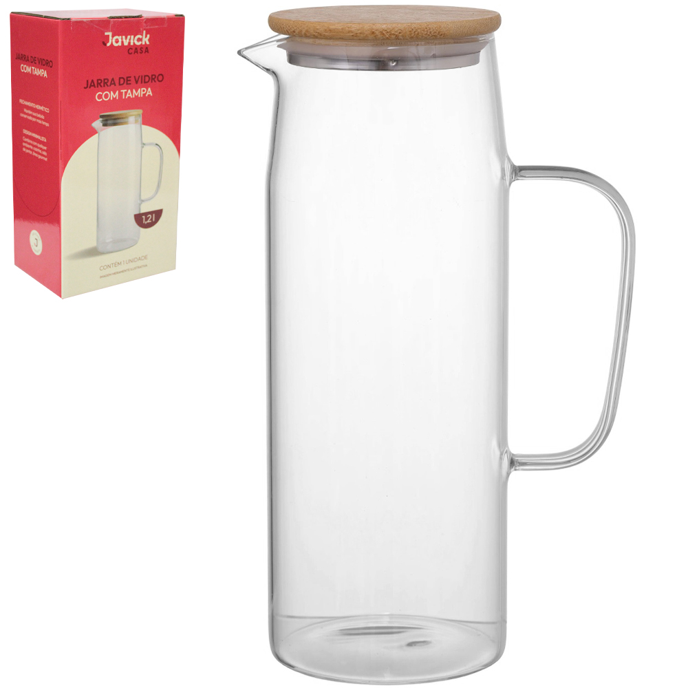 JARRA DE VIDRO BOROSSILICATO TRANSPARENTE COM TAMPA DE BAMBU / INOX 1,2L