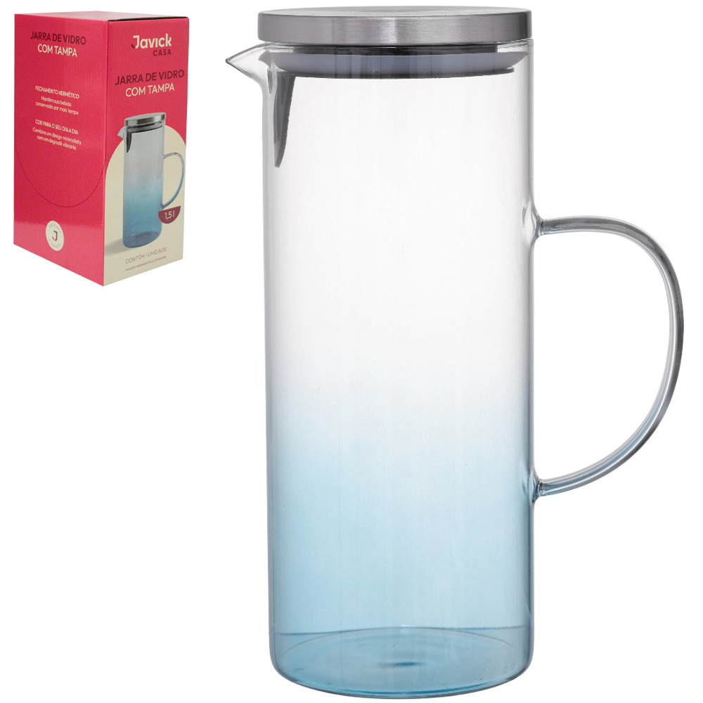 JARRA DE VIDRO BOROSSILICATO DEGRADE AZUL COM TAMPA DE INOX 1,5L
