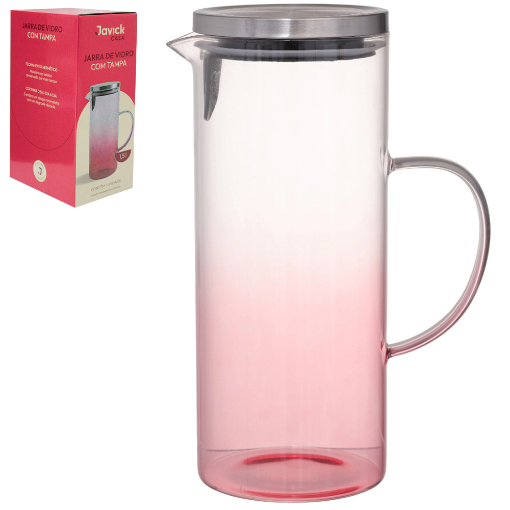 JARRA DE VIDRO BOROSSILICATO DEGRADE ROSA COM TAMPA DE INOX 1,5L