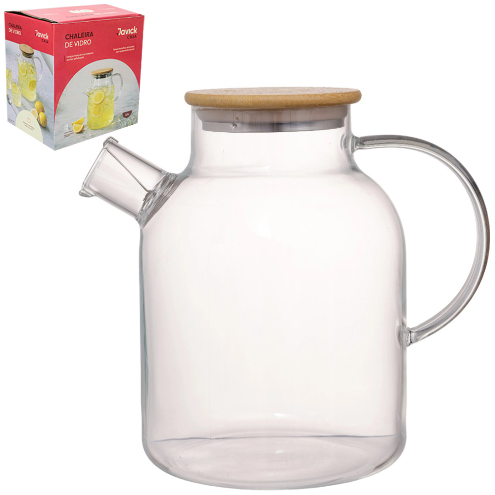 CHALEIRA DE VIDRO LISO COM COADOR NO BICO + TAMPA DE MADEIRA / BAMBU E INOX 1,8L