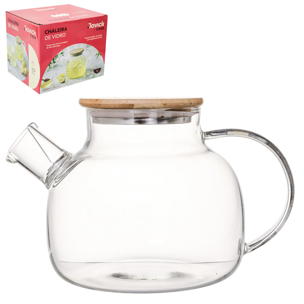 CHALEIRA DE VIDRO LISO COM COADOR NO BICO + TAMPA DE MADEIRA / BAMBU E INOX 1L