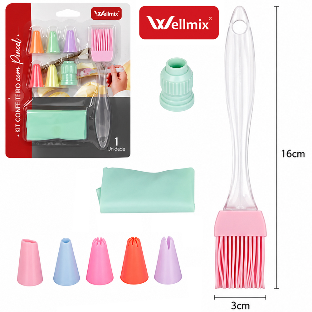 KIT CONFEITEIRO COM DECORADOR BOLO SACO PLASTICO + ADAPTADOR + 5 BICOS E PINCEL CULINARIO SILICONE 