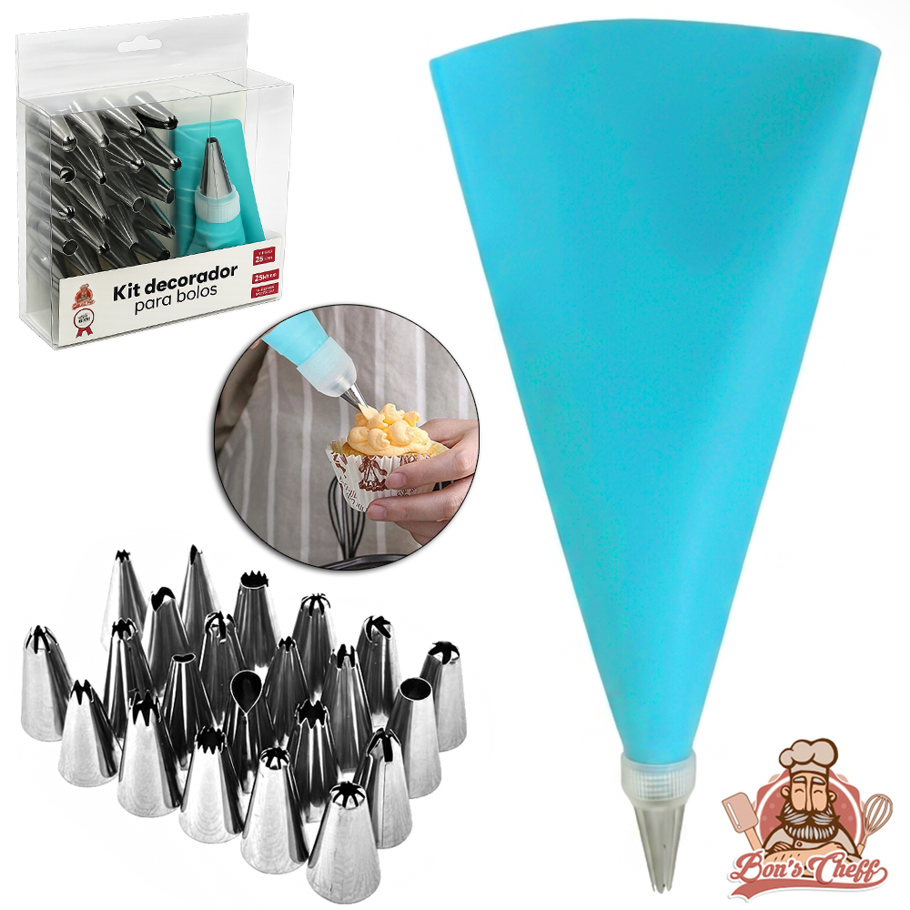 DECORADOR DE BOLO SACO DE SILICONE PARA CONFEITAR COM BICOS DE INOX BONS CHEFF