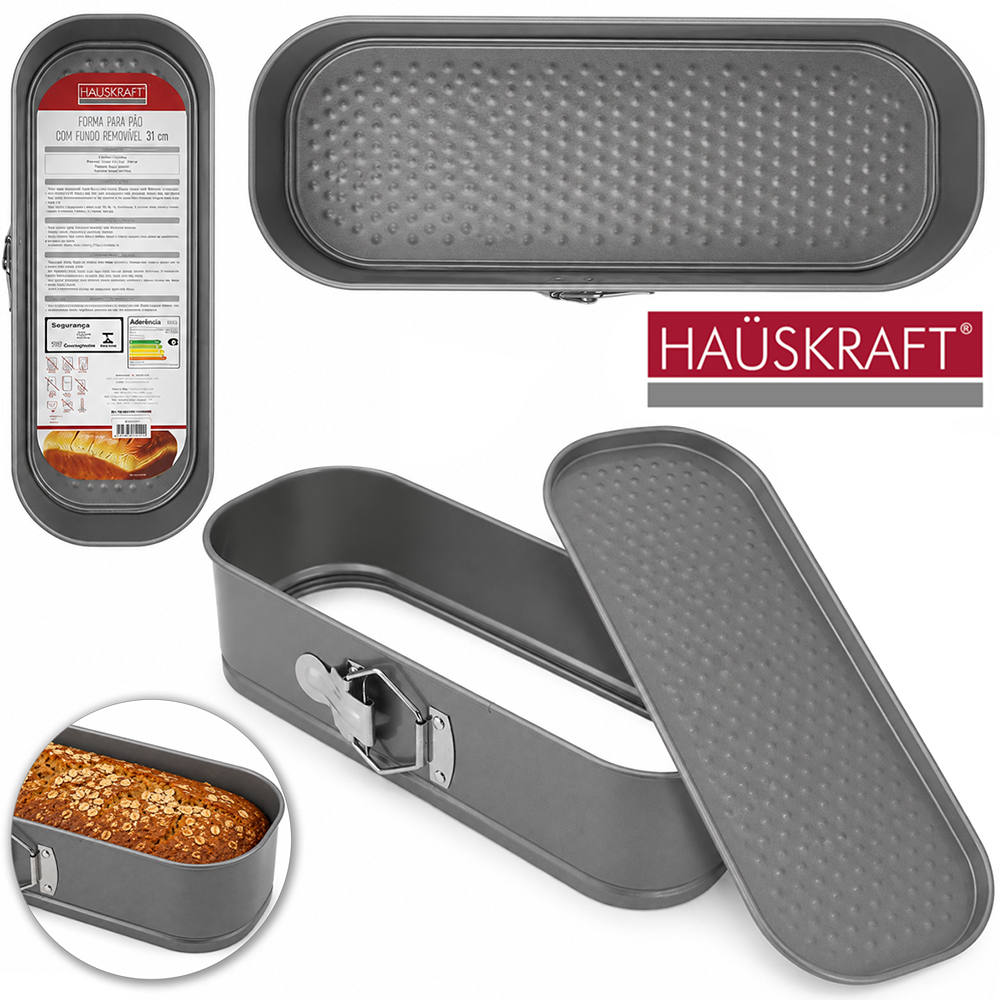 FORMA ASSADEIRA DE ACO CARBONO ANTIADERENTE PARA PAO / BOLO COM FUNDO REMOVIVEL HAUSKRAFT 900ML 31X12X7CM