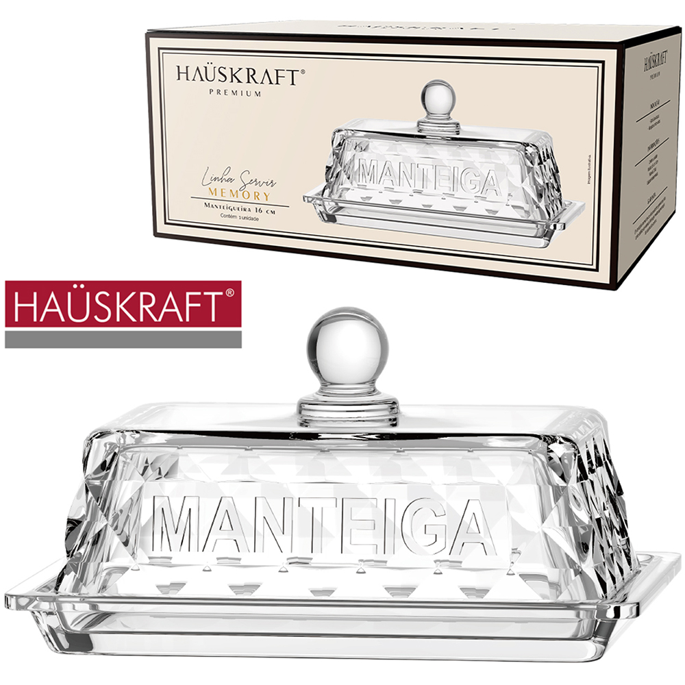 MANTEIGUEIRA DE VIDRO RETANGULAR COM TAMPA LINHA SERVIR MEMORY HAUSKRAFT PREMIUM 16X10X8CM