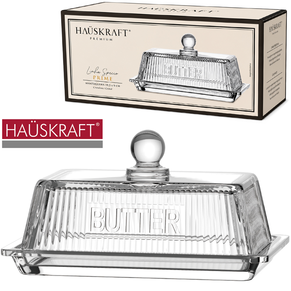 MANTEIGUEIRA DE VIDRO RETANGULAR COM TAMPA BUTTER LINHA SERVIR PRINT HAUSKRAFT PREMIUM 16X10X8CM