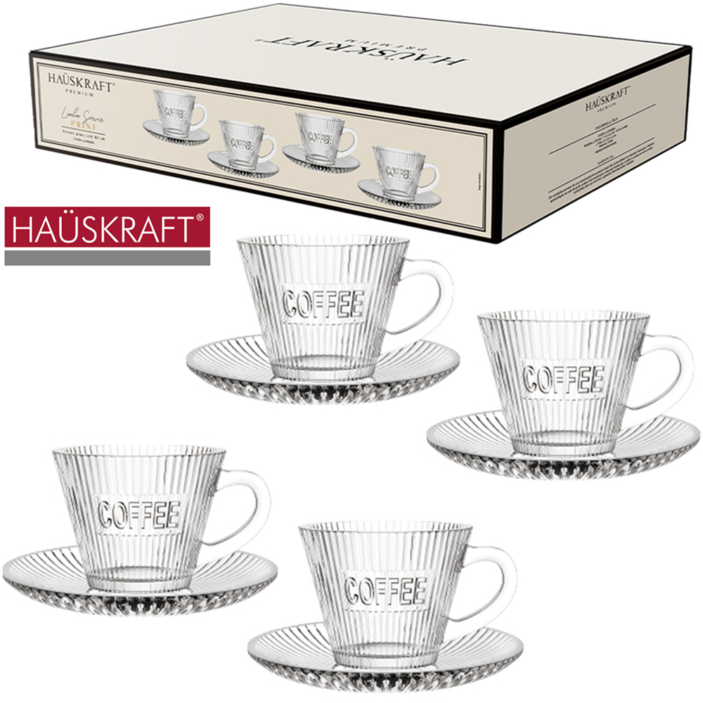JOGO DE XICARA DE VIDRO COM PIRES PARA CAFE COFFEE LINHA SERVIR PRINT HAUSKRAFT PREMIUM 8 PECAS 80ML