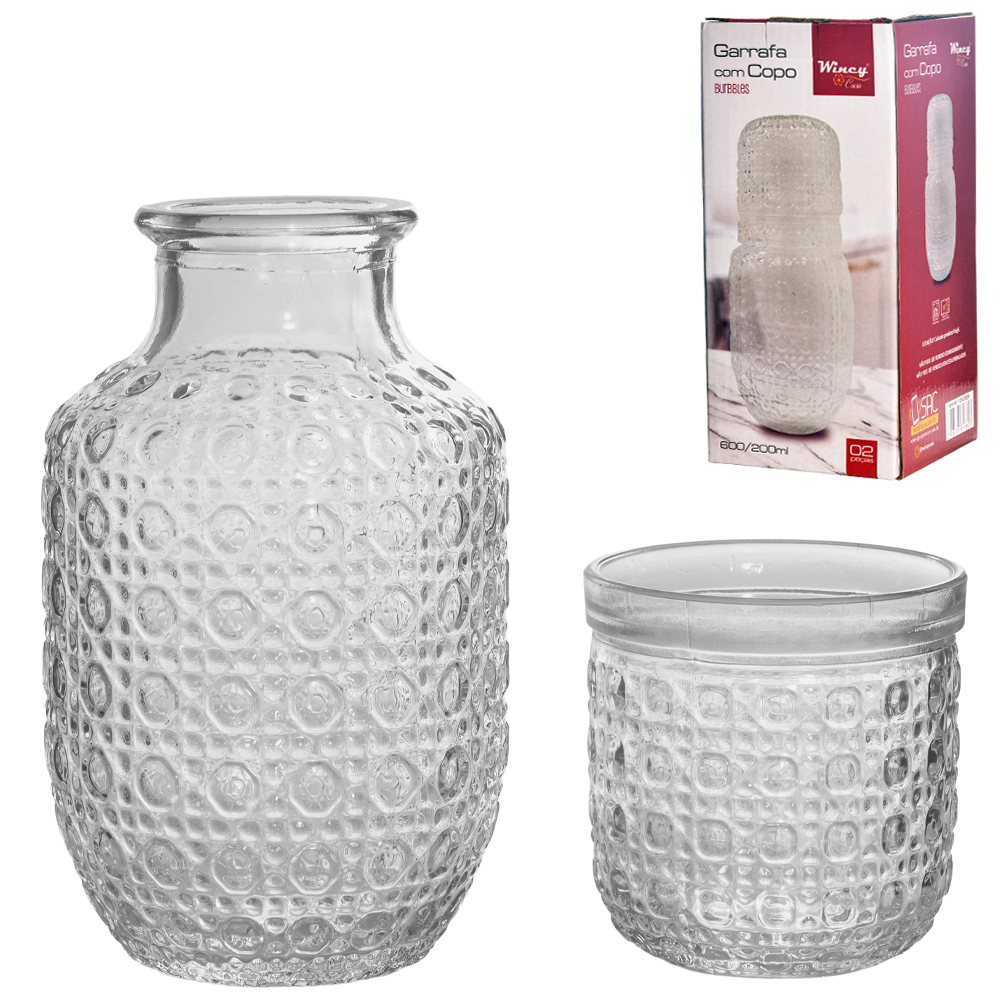 GARRAFA MORINGA DE VIDRO 600ML COM COPO 200ML BURBBLES 