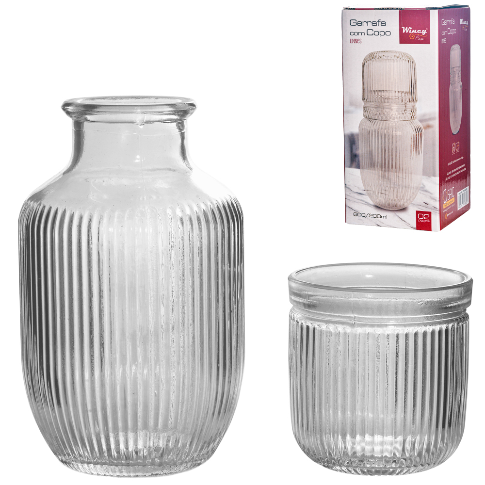 GARRAFA MORINGA DE VIDRO 600ML COM COPO 200ML LINNES