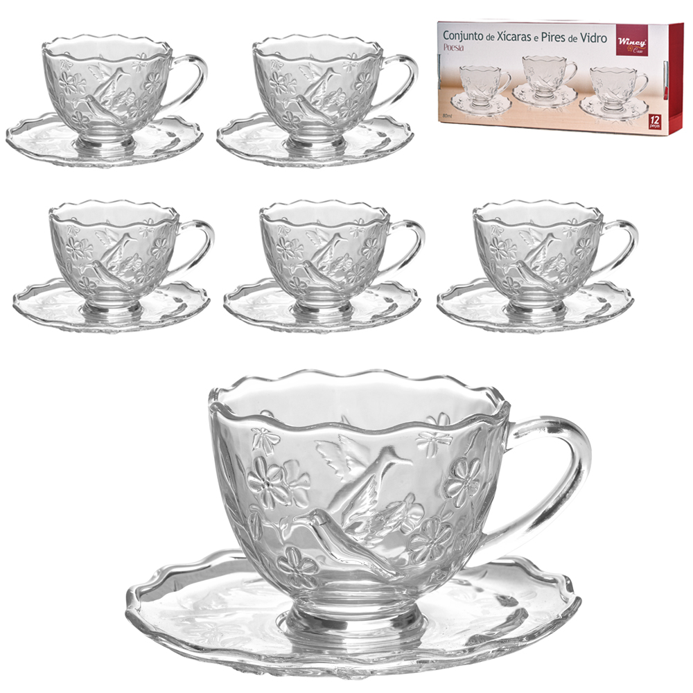 JOGO DE XICARA DE VIDRO COM PIRES PARA CAFE POESIA TRANSPARENTE 12 PECAS 80ML 