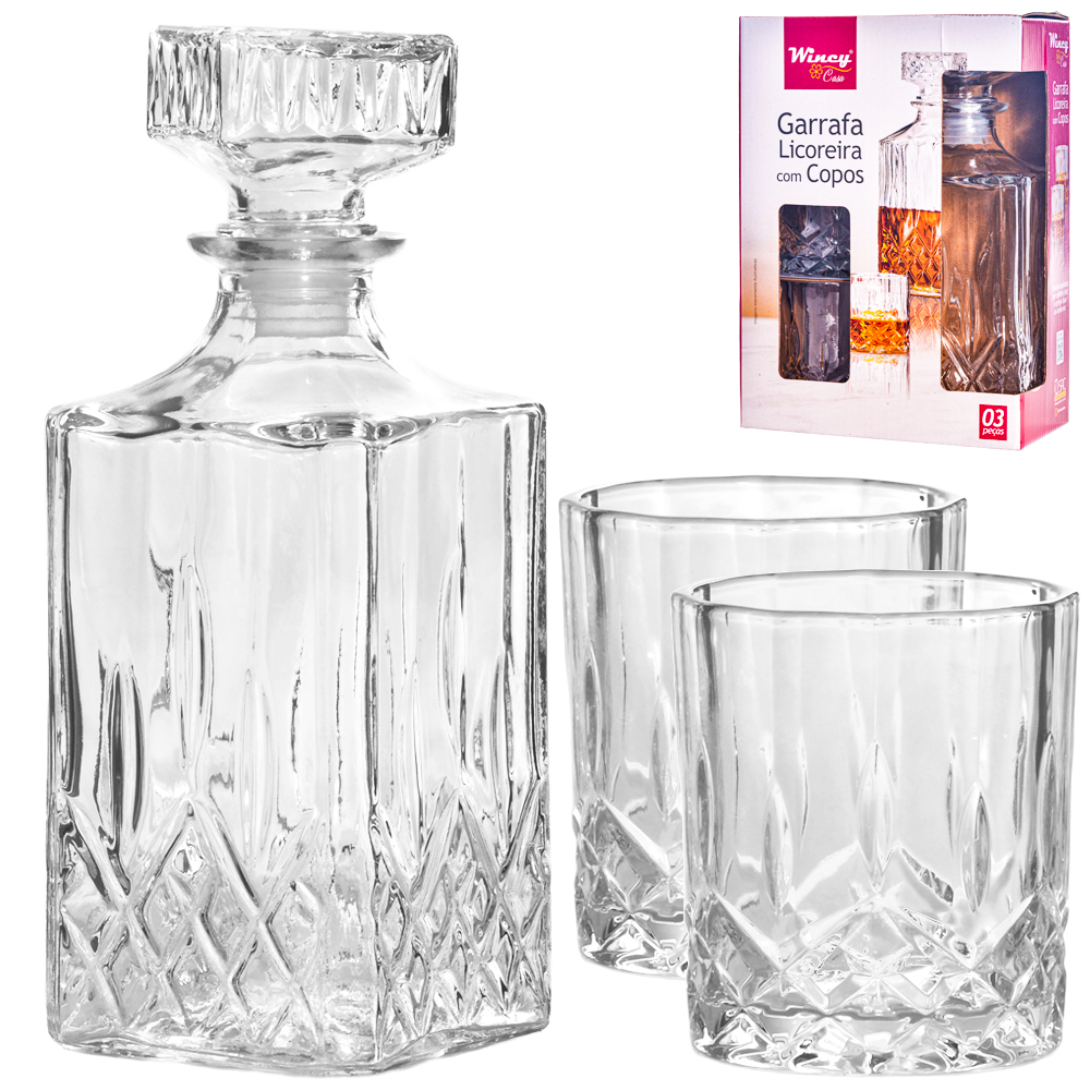 GARRAFA LICOREIRA DE VIDRO QUADRADA 1L COM 2 COPOS 220ML 