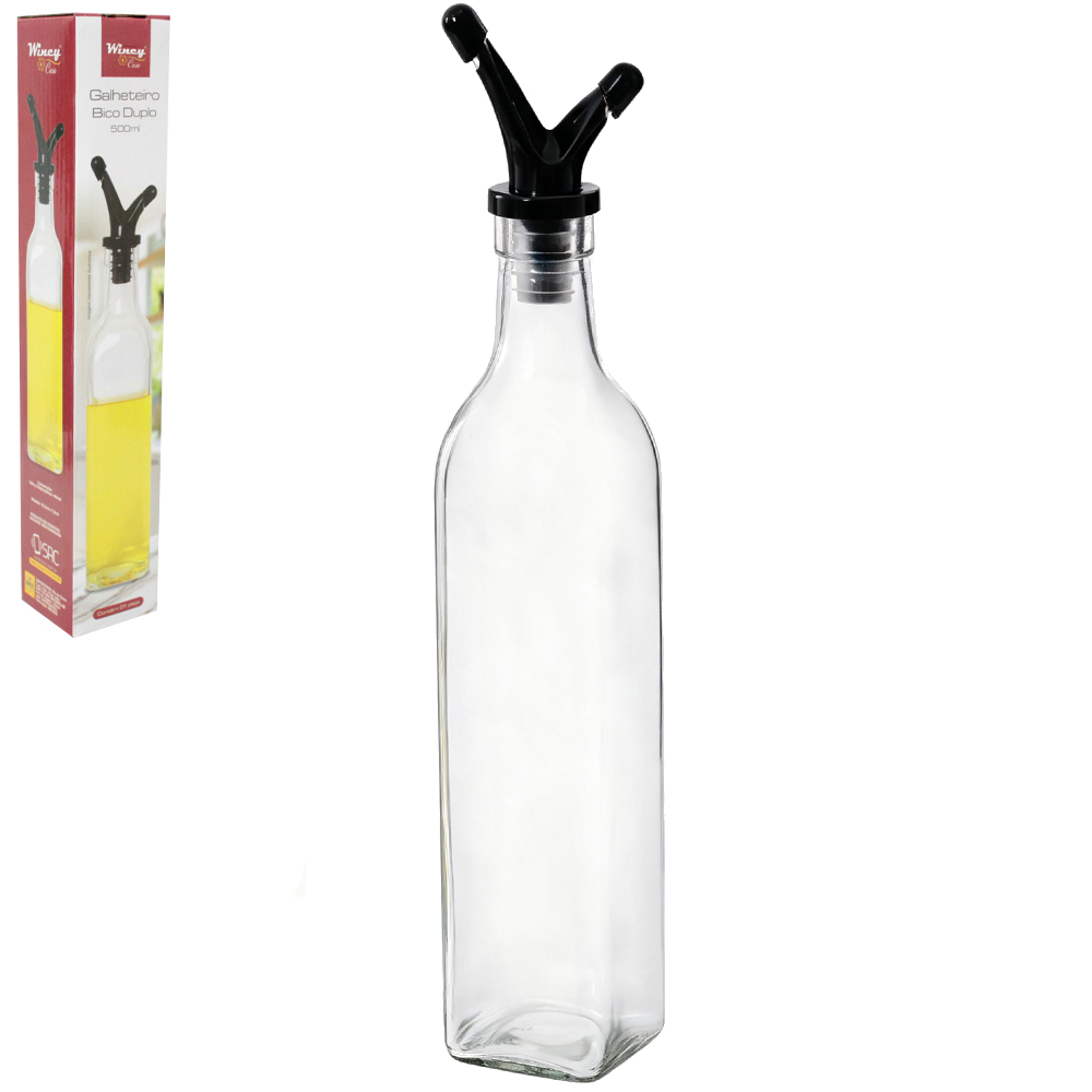 AZEITEIRO / VINAGREIRO DE VIDRO COM BICO DUPLO DE INOX 500ML 