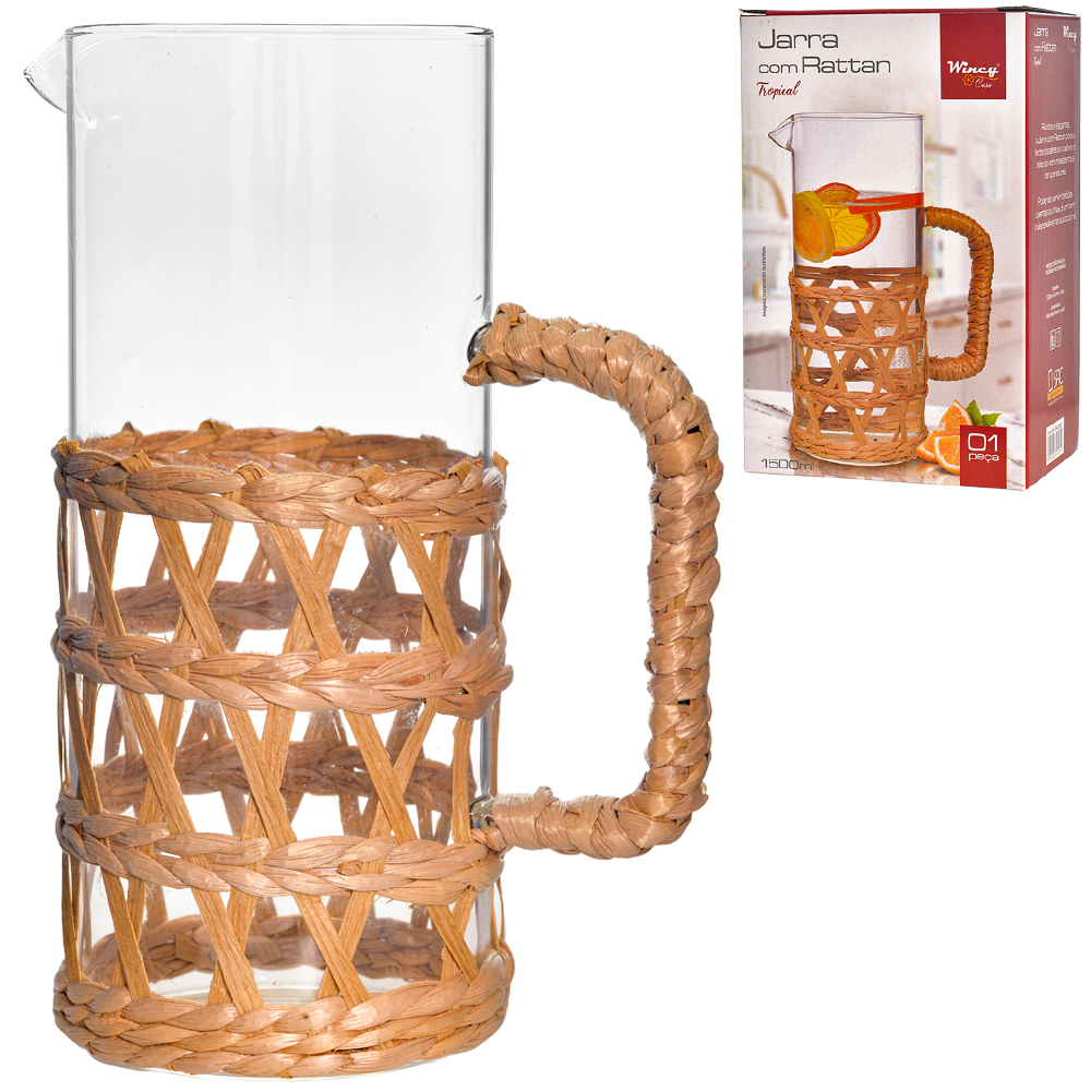 JARRA DE VIDRO BOROSSILICATO REVESTIDO DE PALHA RATTAN TROPICAL 1500ML 