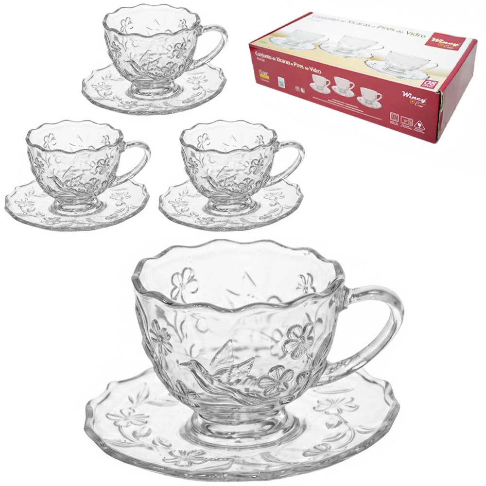 JOGO DE XICARA DE VIDRO COM PIRES PARA CHA POESIA TRANSPARENTE 8 PECAS 220ML 